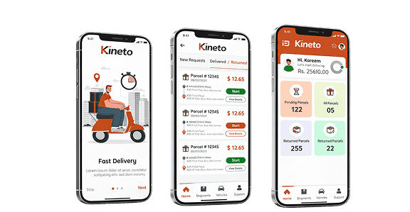 Kineto courier app screens showing delivery requests and a parcel summary dashboard