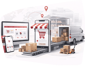 Online store on screens with parcels moving by conveyor into a delivery van for ecommerce brands