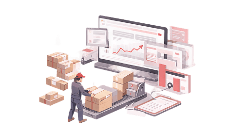 Worker packing parcels on a conveyor beside an order analytics dashboard