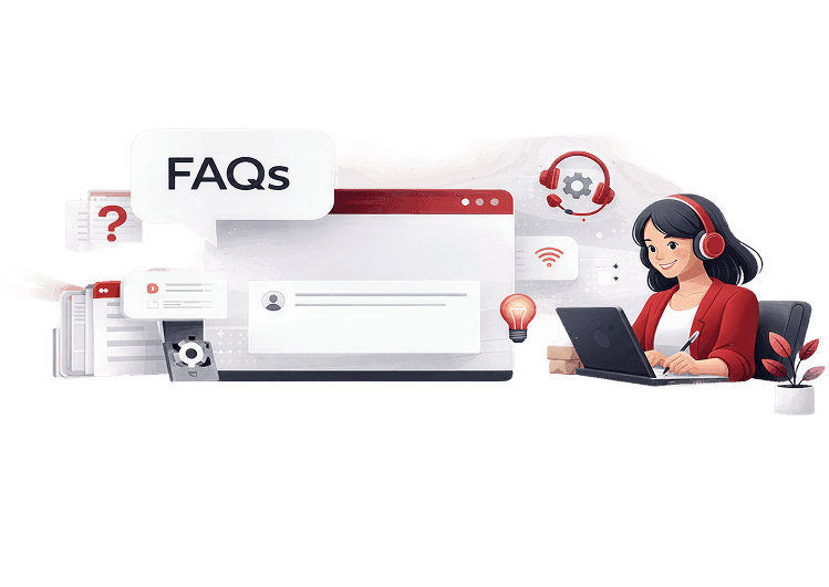 Support agent with a headset on a laptop next to an FAQs help window
