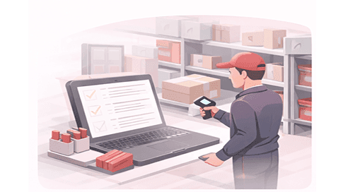 Warehouse worker scanning a barcode while a laptop checklist verifies the order