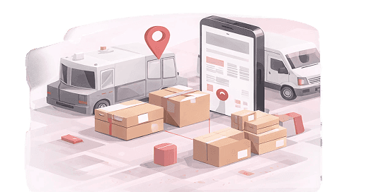Delivery vans, parcels and a phone tracking app linked by a location pin