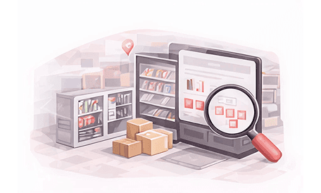 Store shelves, parcels and a product screen under a magnifying glass for easy inventory search