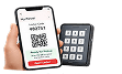 Phone showing a QR code and PIN next to a keypad for secure access