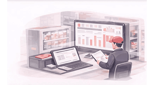 Manager reviewing multi-branch sales reports on a large dashboard and laptop