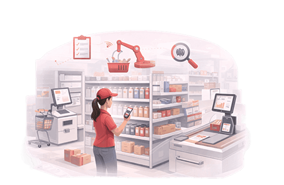 Supermarket worker scanning stock with self-checkout kiosks, POS and automated inventory