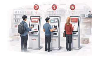 Customers using Kineto self-service kiosks for telecom, payment and hospitality services