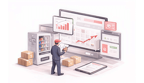 Manager checking stock levels on inventory dashboards beside a vending machine and boxes