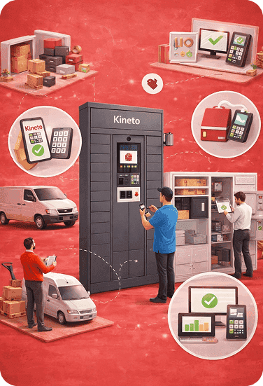 Kineto smart parcel locker surrounded by courier, payment and inventory feature scenes