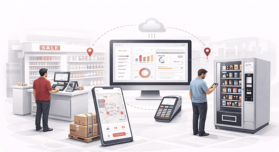 Store checkout, vending machine, mobile app and payment terminal linked to a cloud dashboard