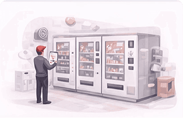 Operator managing a row of connected vending machines from a tablet