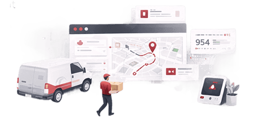 Courier carrying a parcel from a van with a route map dashboard and delivery stats