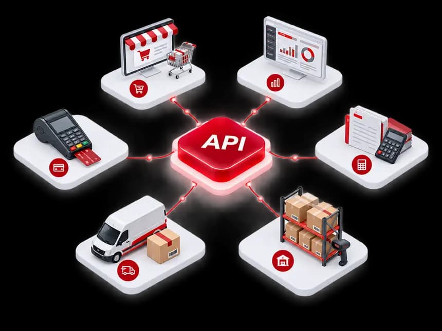 API hub connecting ecommerce storefronts, ERP, accounting, warehouse, delivery and payment systems