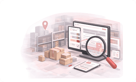 Warehouse stock and parcels with an inventory screen under a magnifying glass