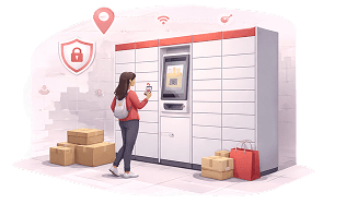 Customer collecting a parcel from a smart locker using its touchscreen
