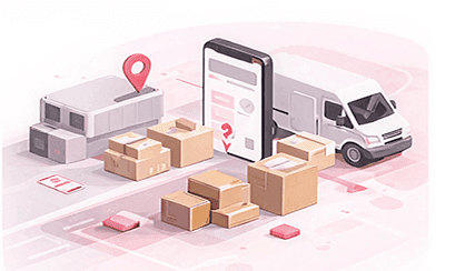 Warehouse, parcels, phone app and delivery van showing connected fulfillment