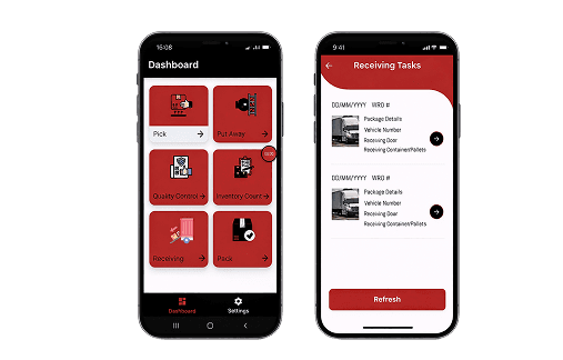 Kineto warehouse mobile app showing the task dashboard and receiving tasks