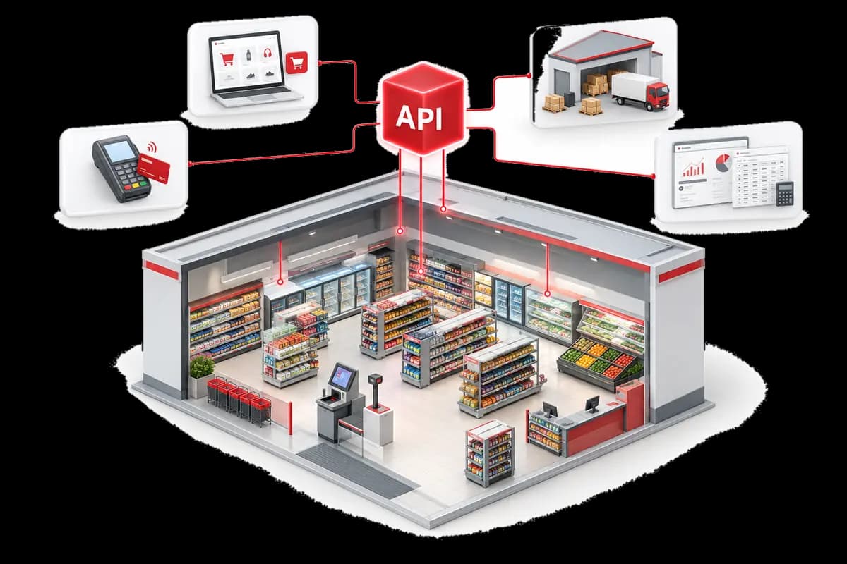 Supermarket cutaway with an API hub linking ecommerce, card payments, warehouse logistics and ERP