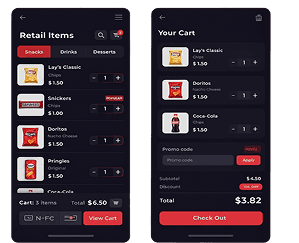 Kineto customer app screens showing retail snack items and a shopping cart checkout