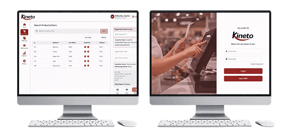 Kineto retail POS screens showing product search, payment summary and staff login