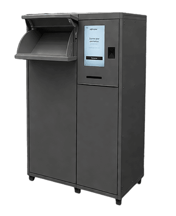 Gray drop box locker with its parcel drop-off chute open and a scan screen