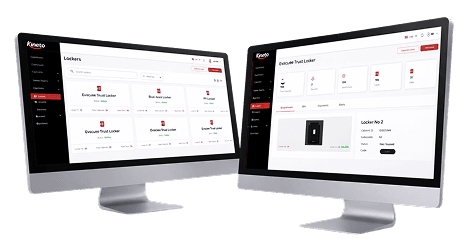 Kineto cloud management portal showing locker list and locker details on two monitors