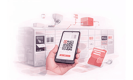 Hand holding a phone with a QR code to open a smart locker contactlessly
