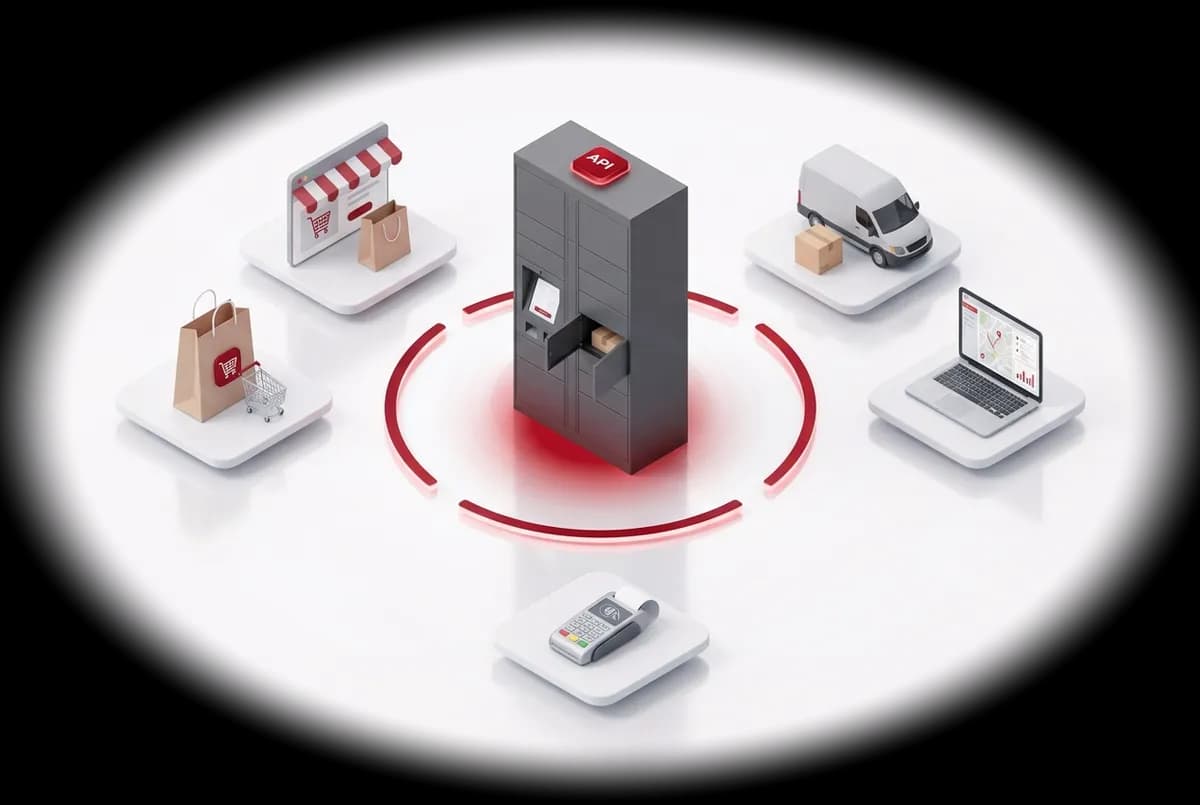 Kineto smart locker with an API hub linking online stores, couriers, delivery dashboards and card payments
