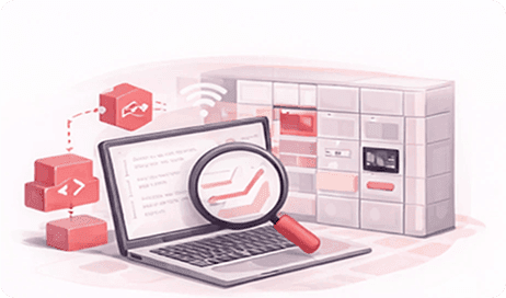Laptop with code and API blocks connected wirelessly to a smart parcel locker