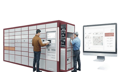 Customer and technician at a Kineto smart locker system beside a locker management dashboard