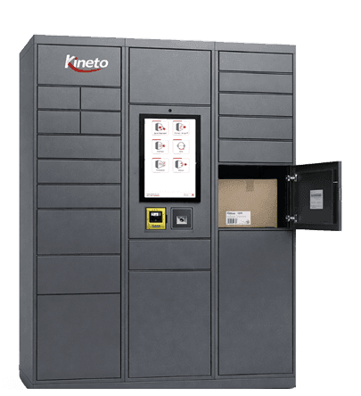 Kineto smart parcel locker with touchscreen and an open compartment holding a parcel
