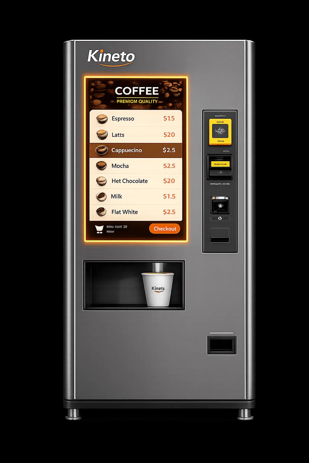 Kineto coffee vending machine with a touchscreen drinks menu and cup dispenser