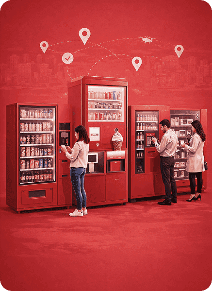 Shoppers using smart vending machines for drinks, ice cream and retail goods