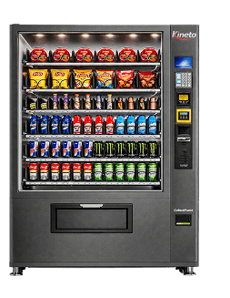 Kineto vending machine stocked with snacks and drinks with card and cash payment