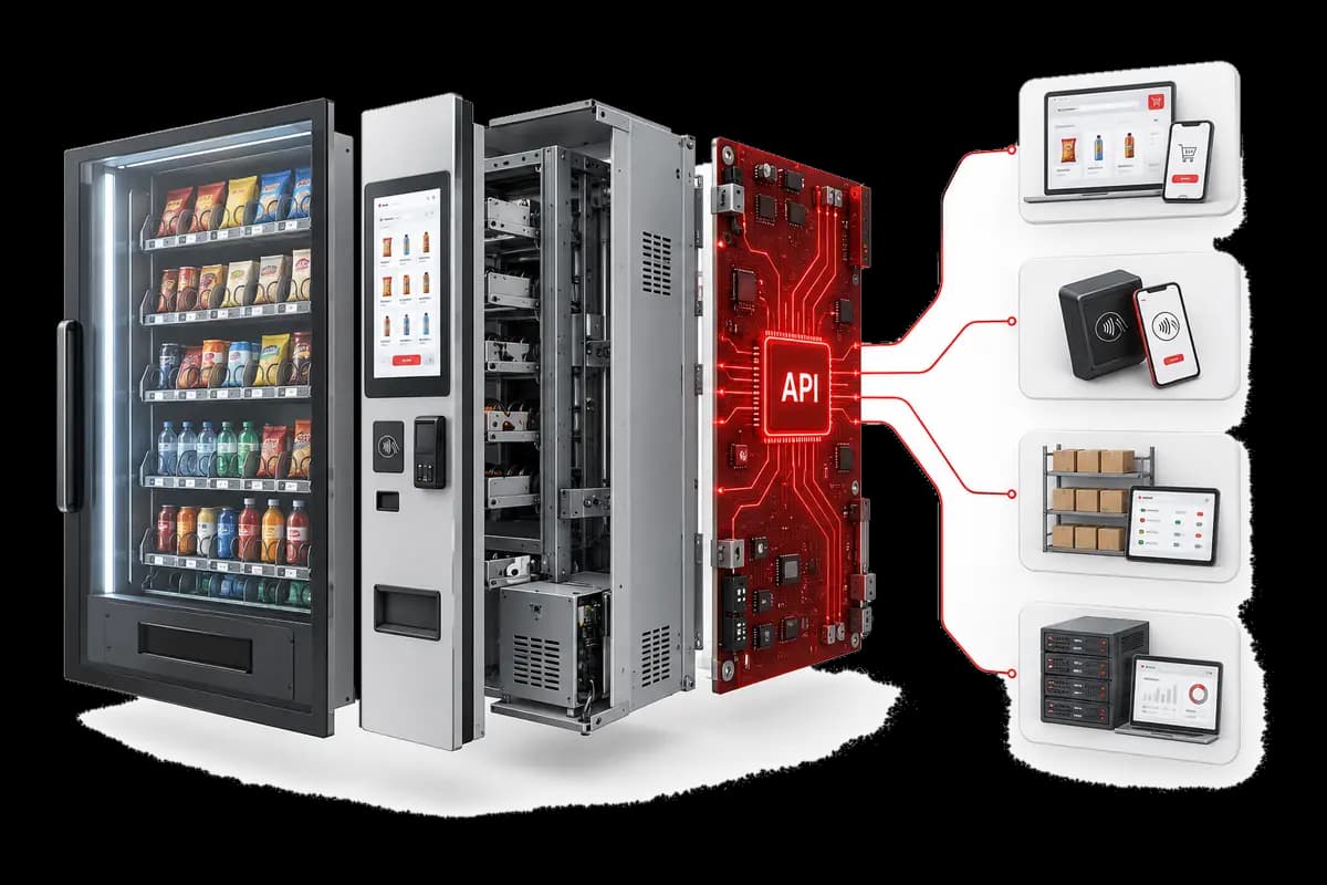 Exploded smart vending machine with an API chip linking ecommerce, payments, inventory and ERP systems