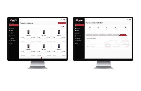Kineto cloud portal screens showing vending machine list and machine details