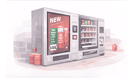 Vending machine with a large digital screen displaying a new product promotion