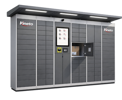 kineto A large gray parcel locker system labeled “Kineto,” featuring multiple compartments, a digital screen in the center, and one open locker with a package inside. The unit is well-lit with an overhead canopy.