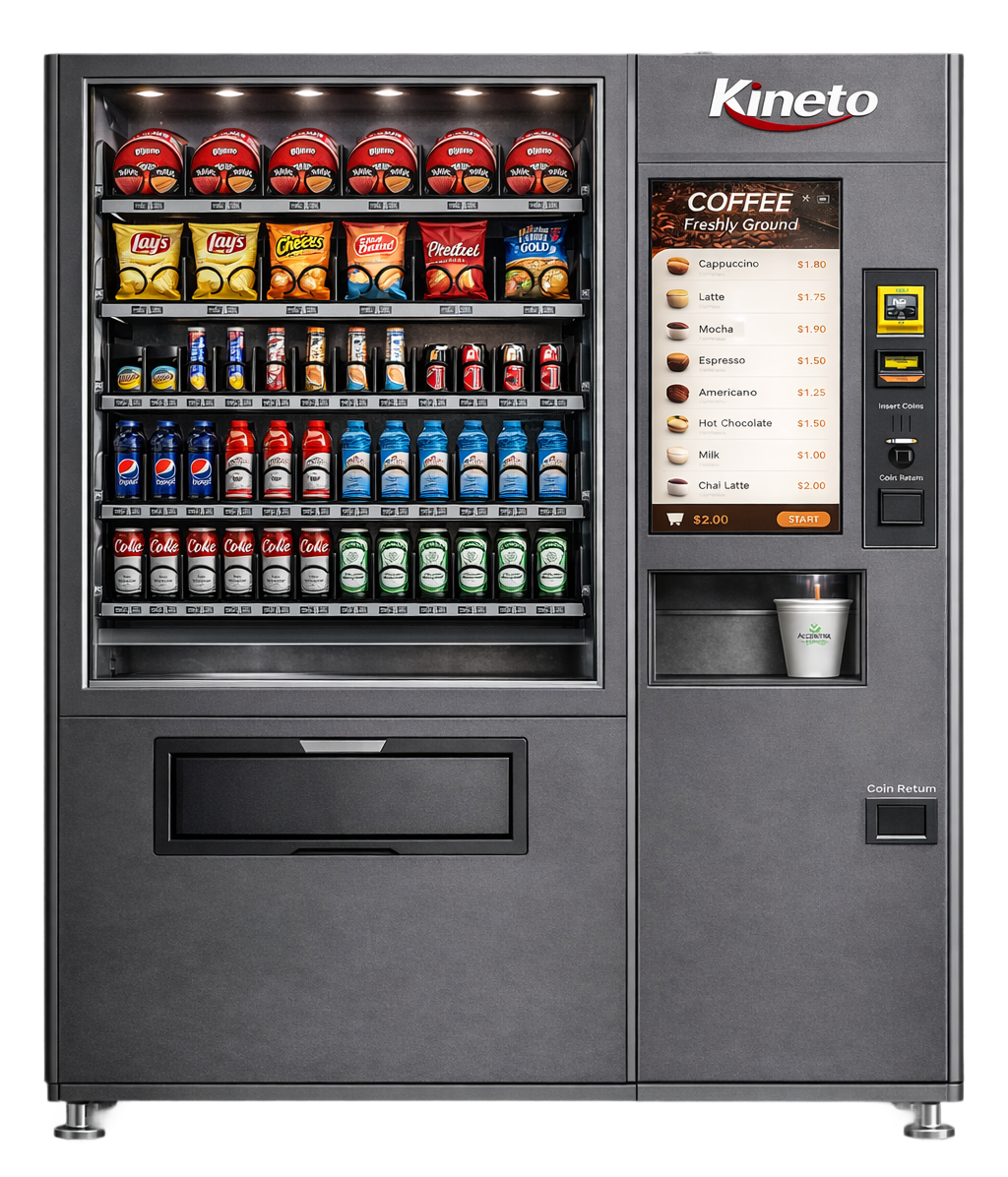 kineto A Kineto vending machine stocked with snacks, sodas, and water. The right side features a digital screen displaying a coffee menu and prices, and a section for dispensing coffee with a cup placed inside.