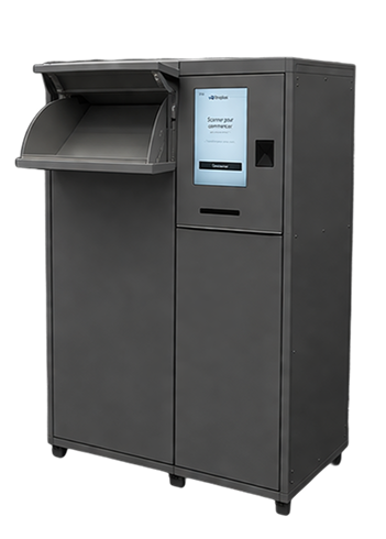 kineto A large, gray, metal kiosk with a slanted tray, touchscreen display, fingerprint scanner, and card slot, designed for scanning or processing items.
