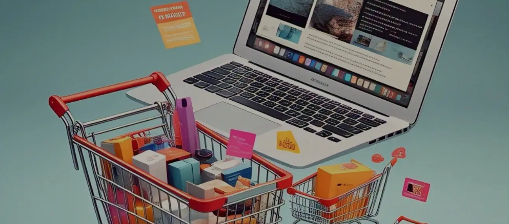 kineto A laptop with an open website is surrounded by miniature shopping carts filled with various colorful boxes and products, symbolizing online shopping and e-commerce.