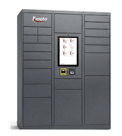 kineto A dark gray electronic parcel locker system with multiple compartments, a central touchscreen display, and a card reader. The logo Kineto is visible in the top left corner.
