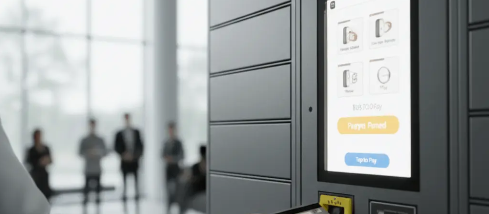 kineto Close-up of a digital locker or vending machine screen displaying payment options, with blurred people standing in the background in a modern, bright building.