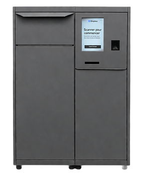 kineto A gray self-service kiosk with a screen displaying instructions in French, a scanner, and compartments for dispensing or collecting items.