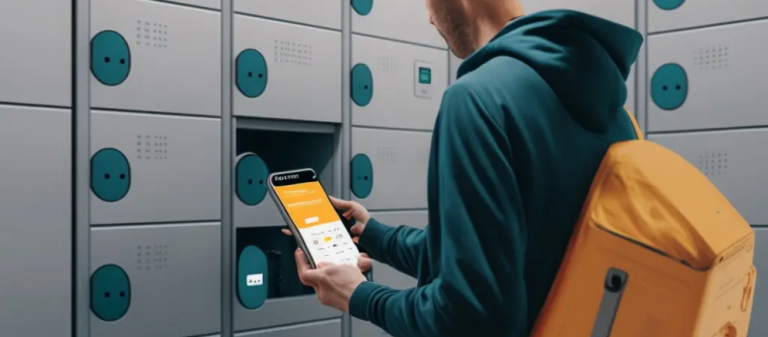 kineto A person wearing a teal hoodie and yellow backpack uses a smartphone to unlock or access a gray locker with blue accents in a modern locker facility.