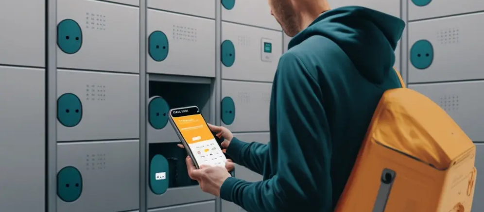 kineto A person wearing a teal hoodie and yellow backpack uses a smartphone to unlock or access a gray locker with blue accents in a modern locker facility.