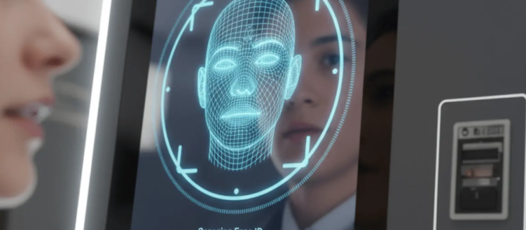 kineto A woman stands in front of a digital facial recognition screen displaying a blue wireframe face scan, reflecting her face on the glass as the device analyzes her features.