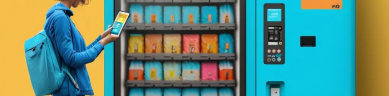kineto A person with a blue backpack uses a phone while standing next to a bright blue vending machine filled with neatly organized hygiene products in colorful packaging, against a yellow background.