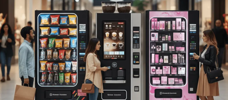 kineto Three people stand in front of vending machines: one with snacks, one with coffee, and one with pink-packaged beauty products, in a well-lit indoor setting. Each person uses a different machine.