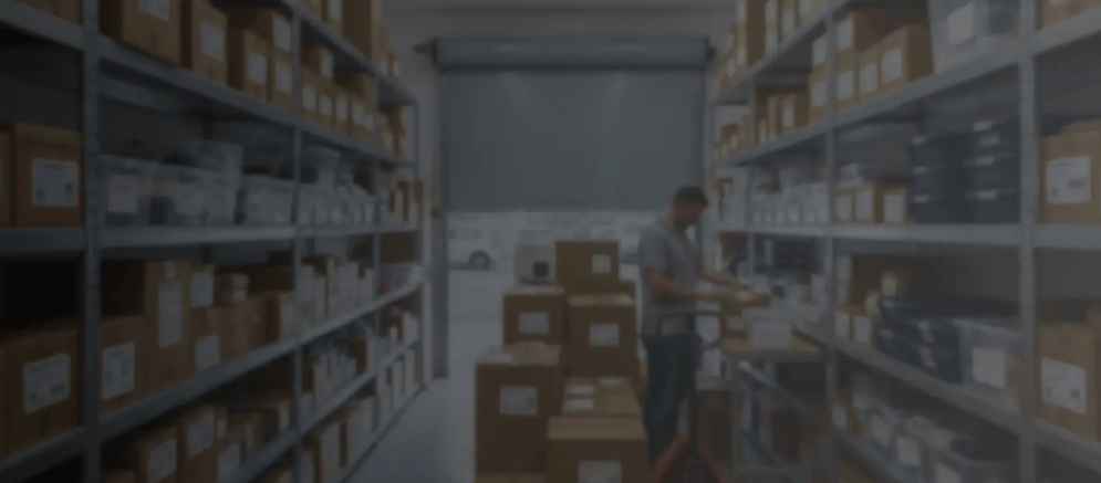 kineto A person stands between shelves filled with boxes and packages in a warehouse, checking items and paperwork. The warehouse is organized, with stacked boxes and a large garage door in the background.